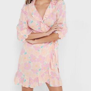Top Shop‎ Womens Floral Wrap Dress Pastel 6 Ruffle Cottage Core Peach Pink